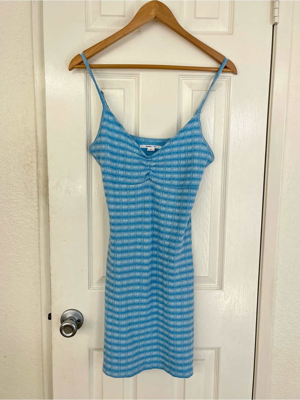 O'Neill Blue Space Dye Ribbed Mini Dress M Ruched V-Neck Spaghetti Strap Surf